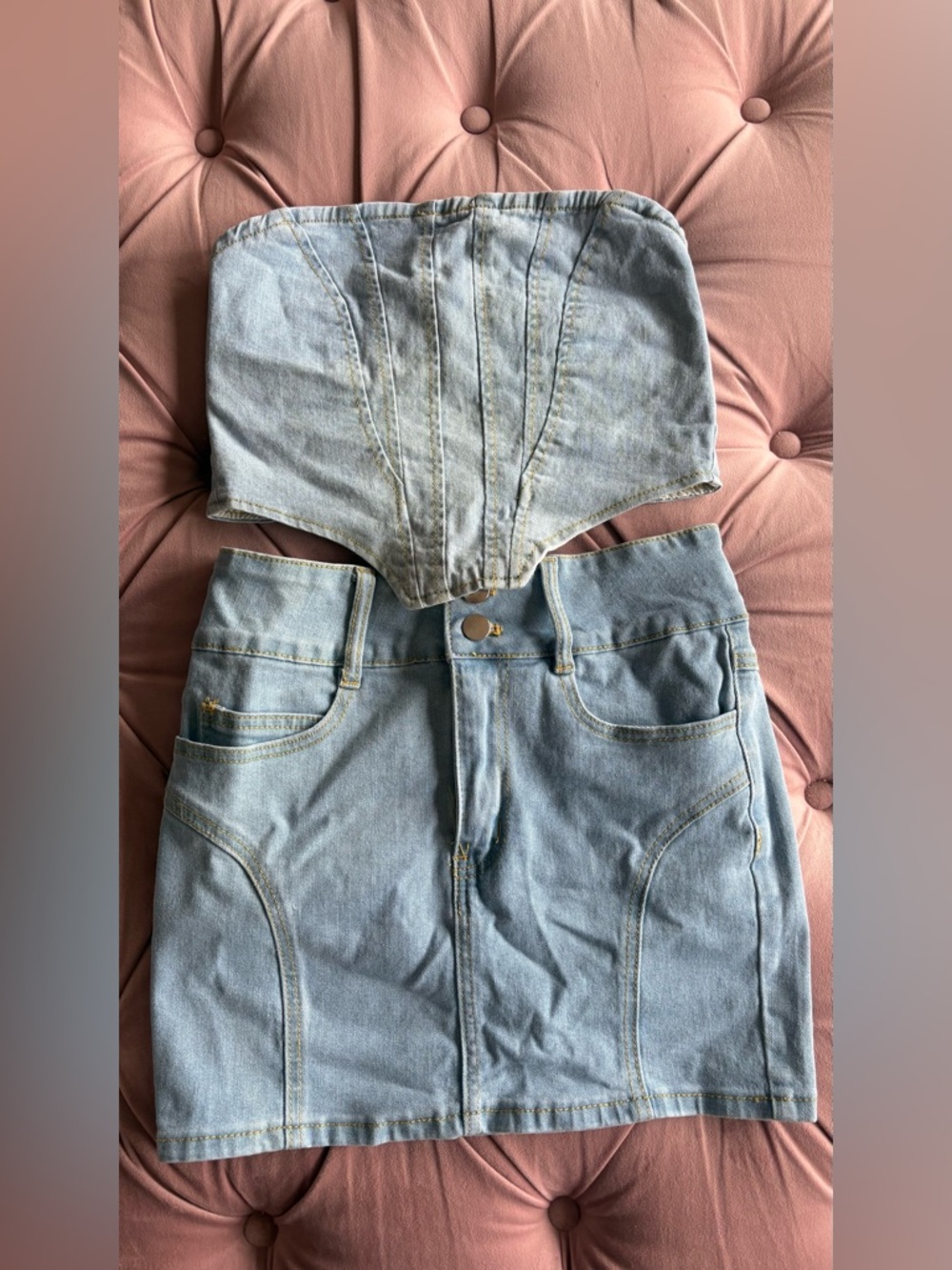 Fashion Nova Denim Tube Top and Skirt Set